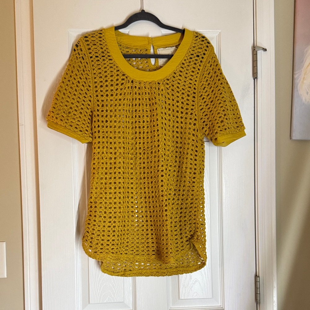 Angel Of The North Mustard Yellow Crochet Short Sleeve Top